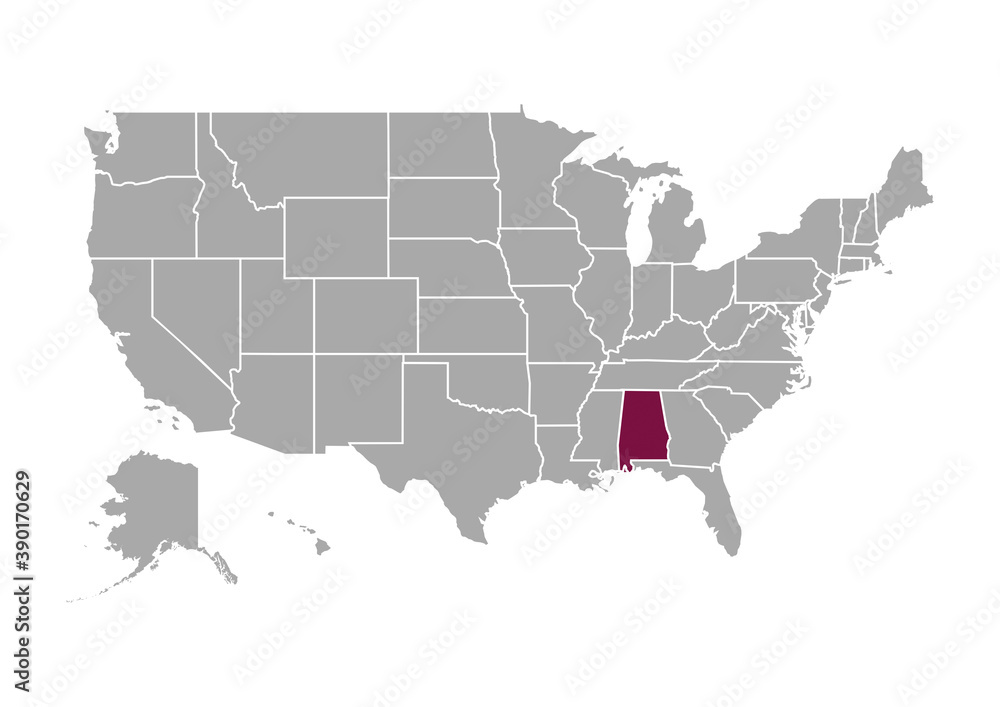 Map of Alabama state and position in the United States