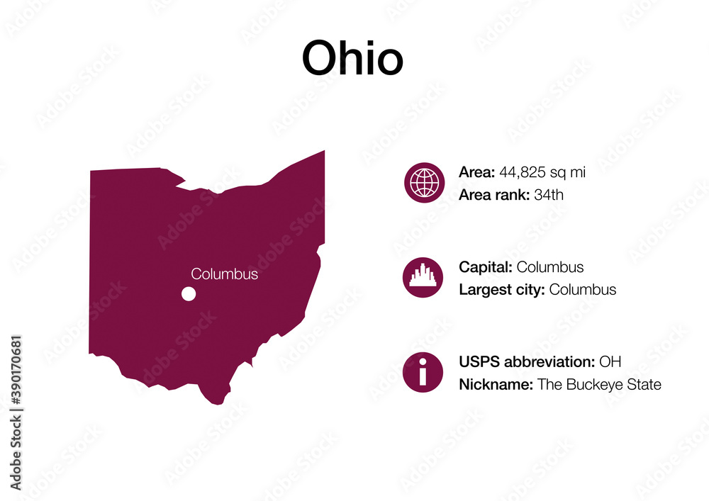 Map of Ohio state with political demographic information and biggest cities