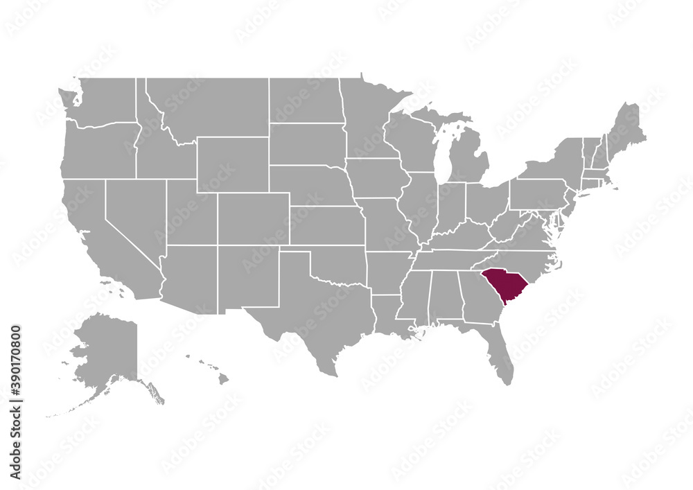 Map of South Carolina state and position in the United States