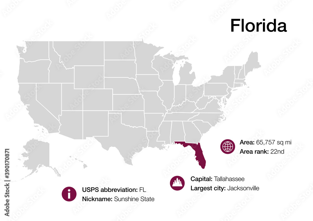 Obraz premium Map of Florida state with political demographic information and biggest cities