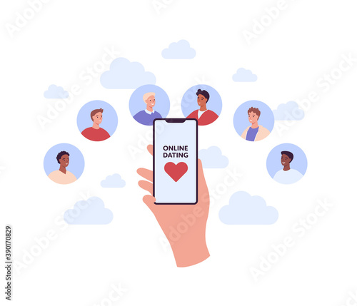 Online dating service concept. Vector flat people illustration. Human hand holding smartphone with heart shape match symbol on screen. Group of men profile with portrait. Design for banner, web.