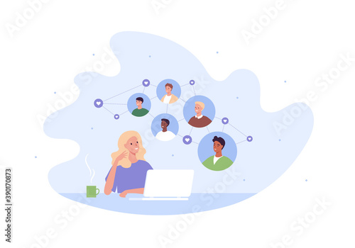 Online dating service and social media concept. Vector flat person illustration. Woman sit at desk with laptop. Multiethnic people network with heart shape love symbol. Design for banner, web.