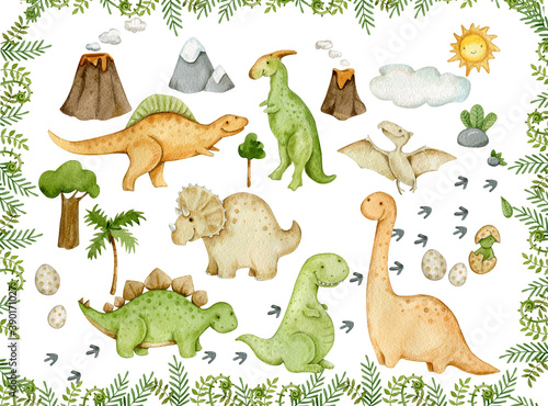 watercolor cute little dinosaurus background