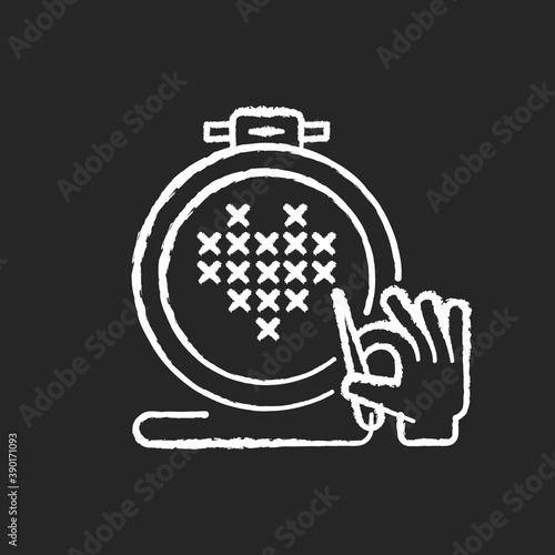 Cross stitching chalk white icon on black background. Embroidery, craft work. Christmas season recreation. Festive ornament. DIY project, creative hobby. Isolated vector chalkboard illustration