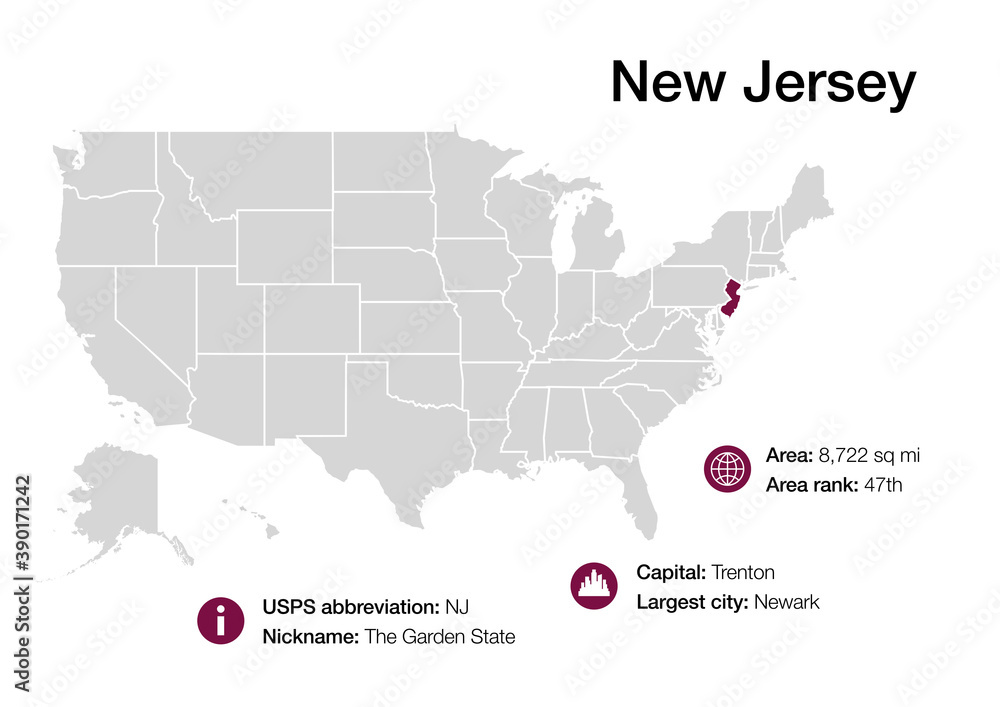 Map of New Jersey state with political demographic information and biggest cities