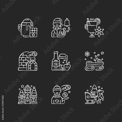Winter season vacation chalk white icons set on black background. Hot chocolate. Singing carol. Mulled wine. Ice fortress. Christmas holiday. Isolated vector chalkboard illustrations