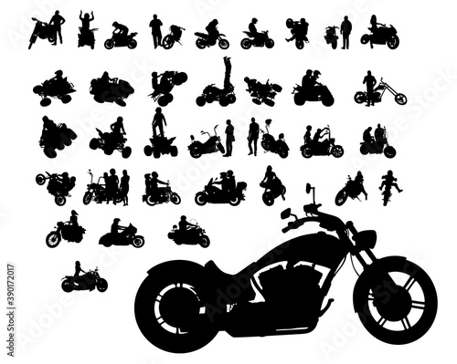 Man and woman in protective clothing rides a retro bike. Isolated silhouette on a white background