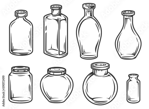 Set hand drawn empty glass jars and bottles in cartoon vintage style isolated on white background. Monochrome vector illustration.