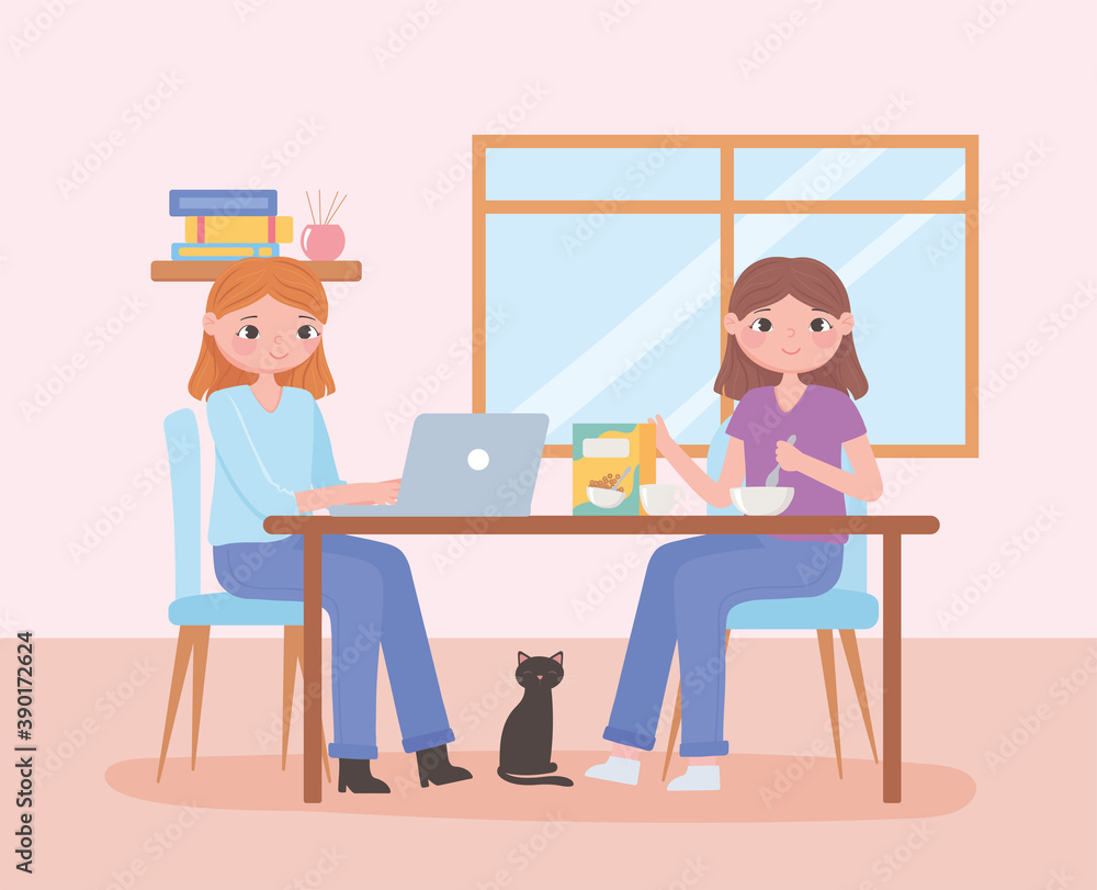 daily routine scene, women with laptop and eating cereal in table daily routine scene, women with laptop and eating cereal in table