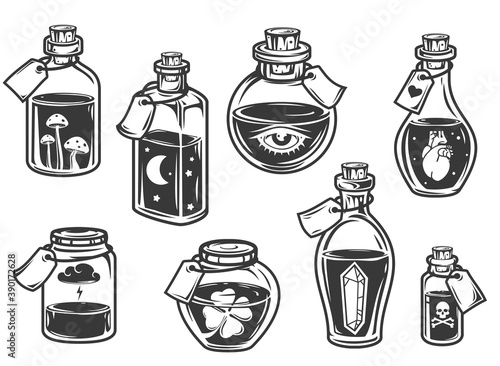 Set hand drawn bottles with magic potion in cartoon vintage style isolated on white background. Monochrome vector illustration.