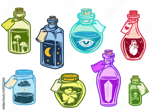 Set hand drawn bottles with magic potion in cartoon vintage style isolated on white background. Colorful vector illustration.