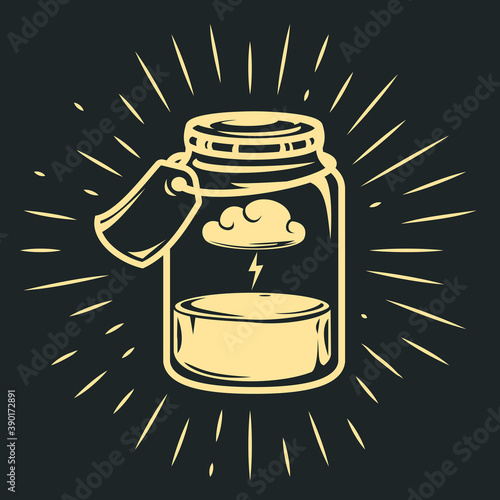 Hand drawn glass bottle with cloud and lightning in cartoon vintage style isolated on black background. Vector art illustration.