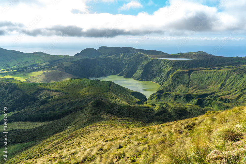 Fototapeta premium Azores, Island of Flores, view at the crater Lakes Lago Funda and the Lago Rasa