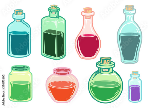 Set hand drawn filled color glass jars and bottles in cartoon vintage style isolated on white background. Vivid vector illustration.