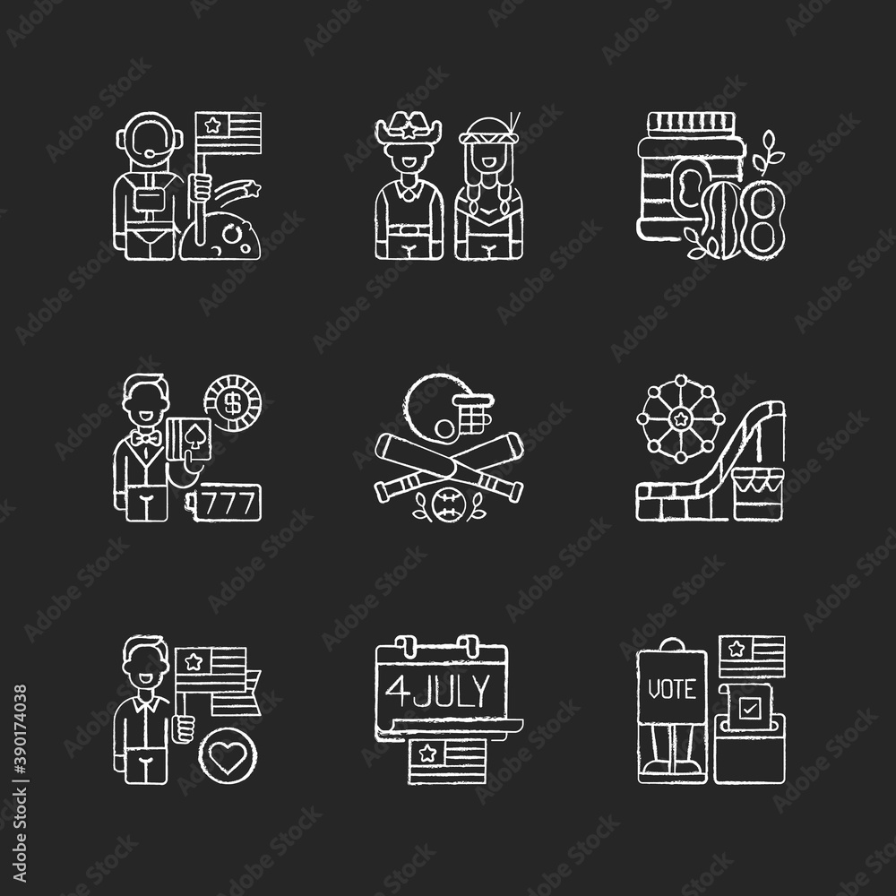 What makes America famous chalk white icons set on black background. Space exploration. Wild West. Peanut butter. Casino. Baseball game. Amusement park. Isolated vector chalkboard illustrations What makes America famous chalk white icons set on black background. Space exploration. Wild West. Peanut butter. Casino. Baseball game. Amusement park. Isolated vector chalkboard illustrations