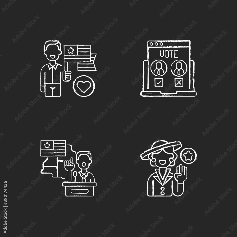United States chalk white icons set on black background. Patriotism. Online voting. Campaign trail. First lady. Pride and unity symbol. Electronic polls. Isolated vector chalkboard illustrations