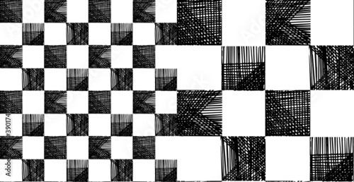 Vector seamless pattern with black and white squares. Abstract background made using of brush smears. hand drawn texture. Modern stylish texture. Repeating geometric tiles with squares