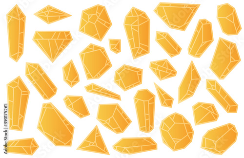 Set of hand drawn golden rocks different forms in minimalistic geometric cartoon style. Doodle graphic elements isolated on white background. Vector illustration.
