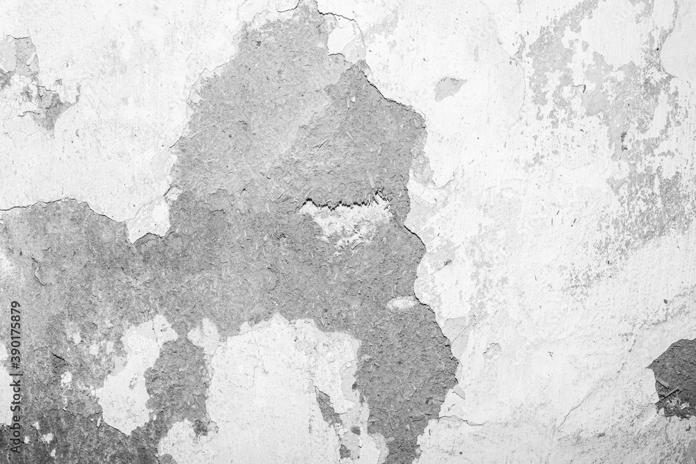 texture of old white wall with fallen off plaster, template for text.