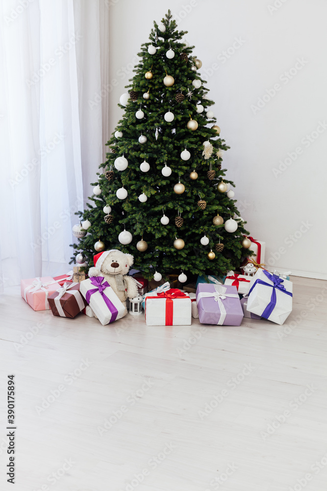 Window decor new year presents Christmas tree interior holiday