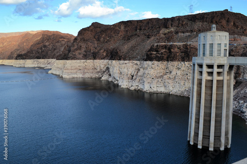 The Colorado River with the tower on Hoover Dam, Arizona