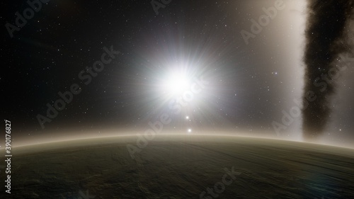 beautiful alien planet in far space  realistic exoplanet  planet suitable for colonization  planet similar to Earth  detailed planet surface 3D render