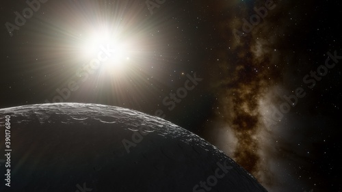 beautiful alien planet in far space, realistic exoplanet, planet suitable for colonization, planet similar to Earth, detailed planet surface 3D render