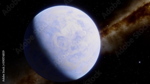 beautiful alien planet in far space, realistic exoplanet, planet suitable for colonization, planet similar to Earth, detailed planet surface 3D render