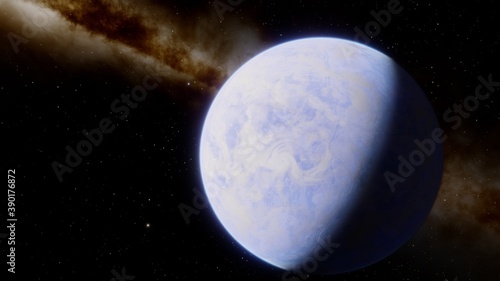 beautiful alien planet in far space, realistic exoplanet, planet suitable for colonization, planet similar to Earth, detailed planet surface 3D render