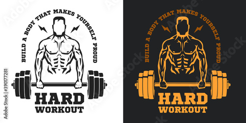 Concept composition for sport gym, fitness bodybuilding. Silhouette of bodybuilder with dumbbell. Design elements for emblem, print, badge, label in vintage style. Vector illustration.