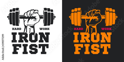Concept composition for sport gym, fitness bodybuilding. Male hand with dumbbell. Design elements for emblem, print, badge, label in vintage style. Vector illustration.