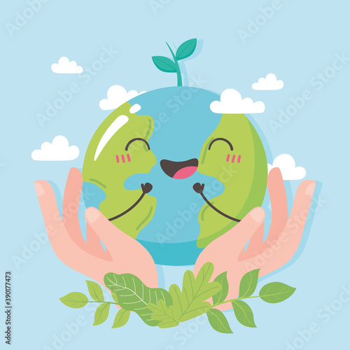 save the planet, hands with cute earth map and leaves cartoon
