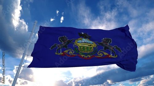 Pennsylvania flag on a flagpole waving in the wind, blue sky background. 4K photo