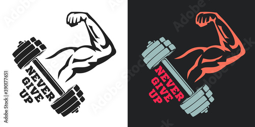 Concept composition for sport gym, fitness bodybuilding. Muscular arm with dumbbell. Design elements for emblem, print, badge, label in vintage style. Vector illustration.