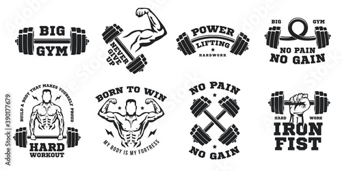 Set of monochrome concept composition for sport gym, fitness bodybuilding. Design elements for emblem, print, badge, label in vintage style. Vector illustration.