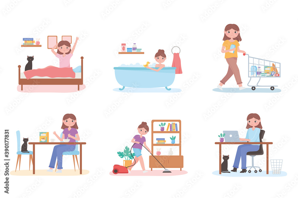 daily routine scene with people cooking, take bath, working and cleaning home daily routine scene with people cooking, take bath, working and cleaning home