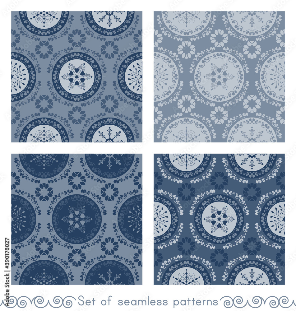 Set of seamless patterns christmas theme. Pretty mandalas and Frieze around with angels. Snowflakes, hearts and spirals. Colors white and blue. Set of seamless patterns christmas theme. Pretty mandalas and Frieze around with angels. Snowflakes, hearts and spirals. Colors white and blue.