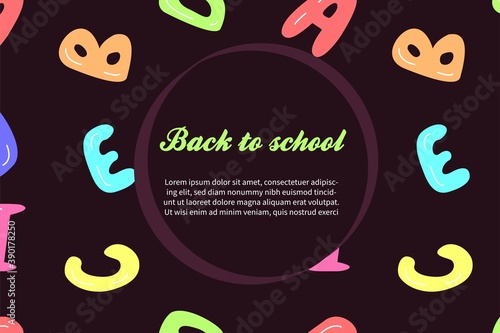  back to school banner template, vector image on background with cute cartoon alphabet