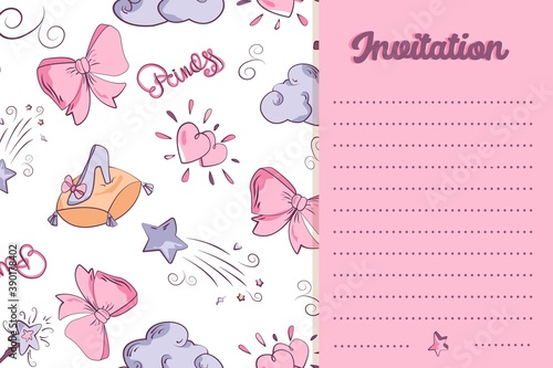 template of greeting card or party invitation template for little princesses. cute background for girls in pastel pink colors