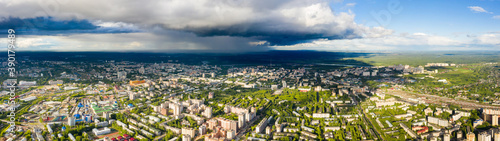 Panorama of the Kirov city and pioneer palace in Leninsky district in the central part of the city of Kirov on a summer day against the backdrop of thunderstorms and storms.