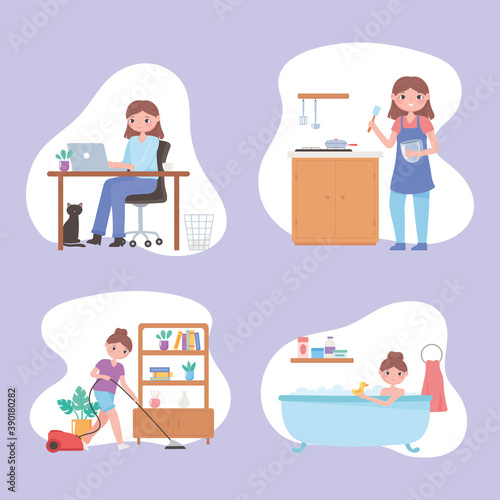daily routine scene, people cooking, take bath, working, cleaning home