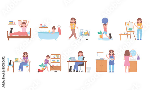 daily routine  everyday activities scene set  exercising  shopping  cooking  waking up