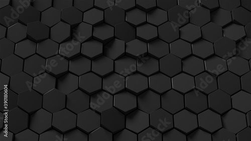 Abstract black hexagon background; dark honeycomb pattern; perspective hex grid; 3d rendering, 3d illustration