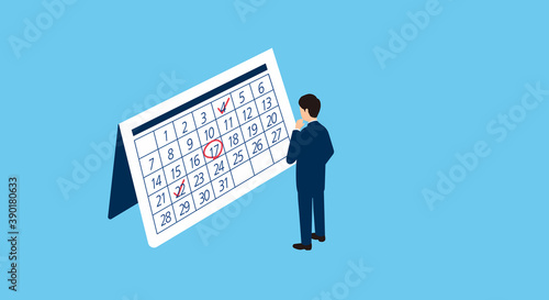 カレンダーを見つめるビジネスマン、3Dイラスト、ベクターイラストレーション