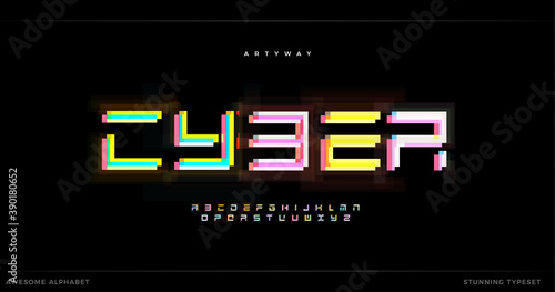 Awesome Cyber Futurism alphabet. Futuristic stunning font, geometric type for modern logo, headline, creative lettering and typography. Overlay glitch modular letters, vector typographic design