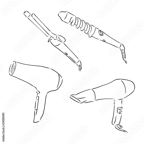 Vector hand drawn illustration of hair salon in vintage engraved style. hairbrush hair dryer vector sketch illustration