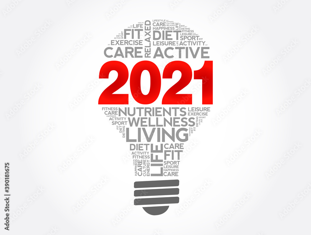 2021 health goals bulb word cloud, health concept background 2021 health goals bulb word cloud, health concept background