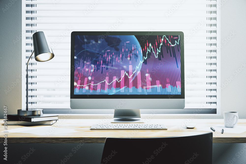Abstract creative financial graph with world map on modern laptop screen, forex and investment concept. 3D Rendering Abstract creative financial graph with world map on modern laptop screen, forex and investment concept. 3D Rendering
