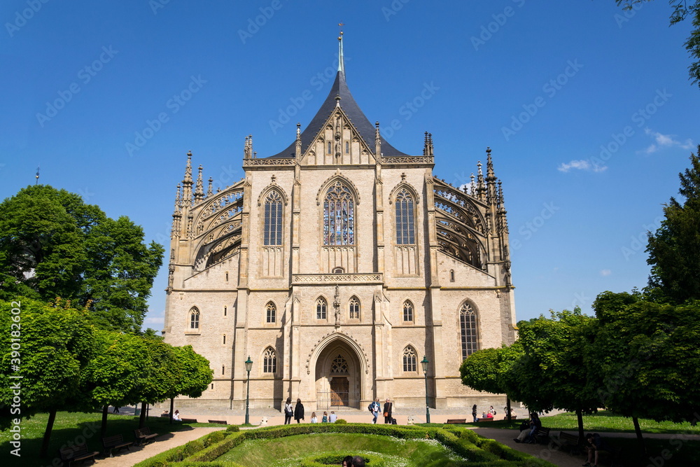 People in front of the roman catholic Saint Barbaras Church on May 16, 2020 in Kutna Hora, Czech Republic.