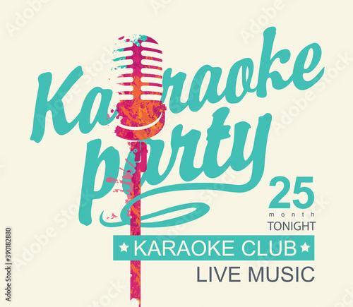 Vector music poster or banner for karaoke club with a calligraphic inscription Karaoke party and abstract microphone on a light background in retro style